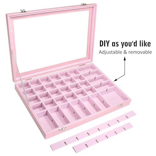 Siveit Jewelry Tray Organizer Box 48 Grid Jewelry Display Organizer Box with Transparent Lid Rings Earrings Necklaces Pendants Display Box Suitable for Women and Girls (48 Grid, Pink) - color: Pink