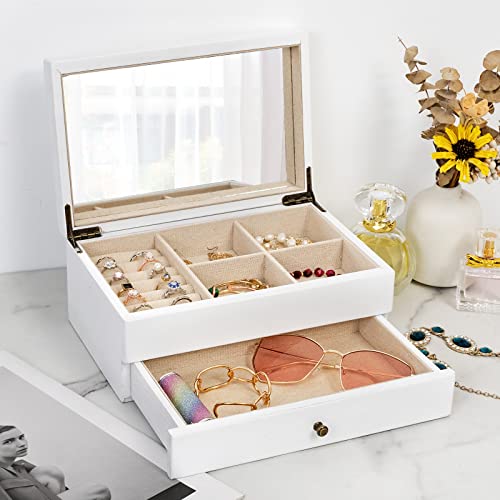 Meangood Jewelry Box Organizer for Women, 2 Layer Large Jewelry Storage Case, Rustic Wooden Jewelry Box with Mirror & Ring Tray for Necklace Earring Bracelets Rings, Vintage Style (White) - color: 2 Layer White, size: 2 Layer