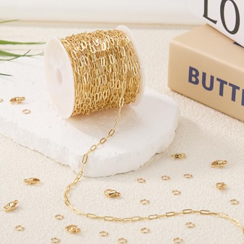 GTVOODX 33 Feet Gold Paperclip Chains for Jewelry Making Oval Soldered Stainless Steel Necklace Bulk Chain Roll Spool for DIY Bracelet Craft Supplies with Lobster Clasps Jump Rings - color: Gold Thin Paperclip Chains