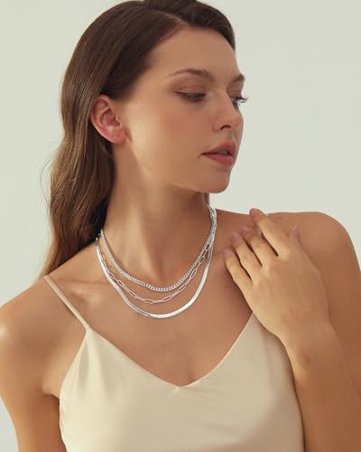 Gold Layered Necklaces for Women, 14K Gold Plated Dainty Gold Chain Choker Necklace Stack, Herringbone Gold Necklaces Set - color: silver-3-Snake