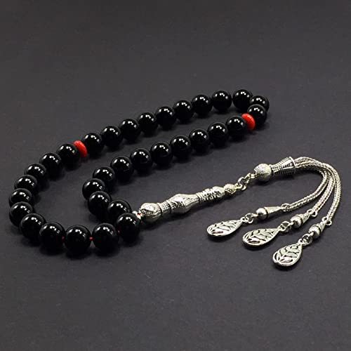 Simple Designed Natural Stone Worry Beads (8mm -33 Beads) - Prayer Beads Tesbih-Tasbih-Tasbeeh-Misbaha-Subha-Sebha-Sibha-Rosary (Black Shiny Glass -10 mm 33- Beads) - color: Black Shiny Glass -10 mm 33- Beads