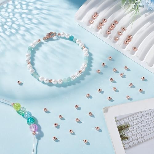 UNICRAFTALE About 60Pcs Crimp Beads Rose Gold Stopper Beads with Pin Metal Loose Spacer Beads Bulk Brass Round Stopper Crimp End Beads for Jewelry Making Accessories Hole 0.9mm