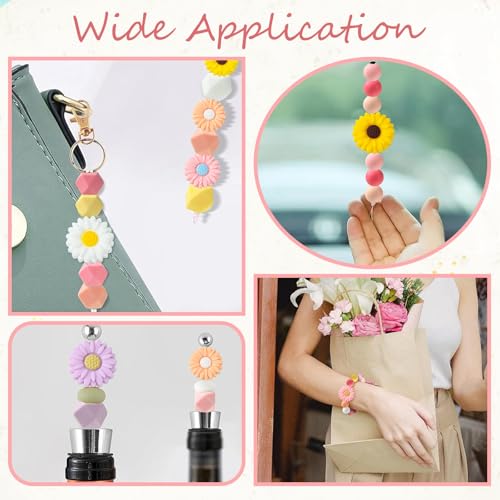 LiQunSweet 110 pcs Spring Theme Daisy Flower Focal Silicone Beads Round Hexagon Shape Silicone Beads for Keychain Making DIY Beadable Pens Jewelry Making Bracelets - color: Hexagon Round Daisy Beads_110 Pcs