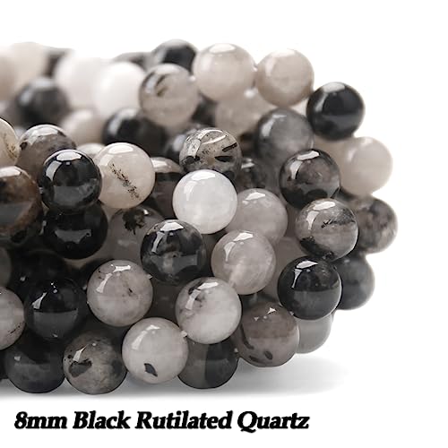 70PCS Natural 8MM Healing Gemstone, Black Rutilated Quartz Energy Stone Round Loose Beads, Semi-Precious Crystal Beads with Free Elastic String for Jewelry Making DIY - color: Black Rutilated Quartz, size: 8MM