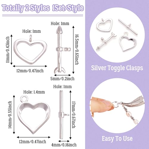 2 Sets Heart Toggle Clasps Sterling Silver OT Toggle Jewelry Clasps T-Bar Closure Clasp Fastener IQ End Connectors for DIY Necklace Bracelet Jewelry Making - color: Sterling Silver-Heart