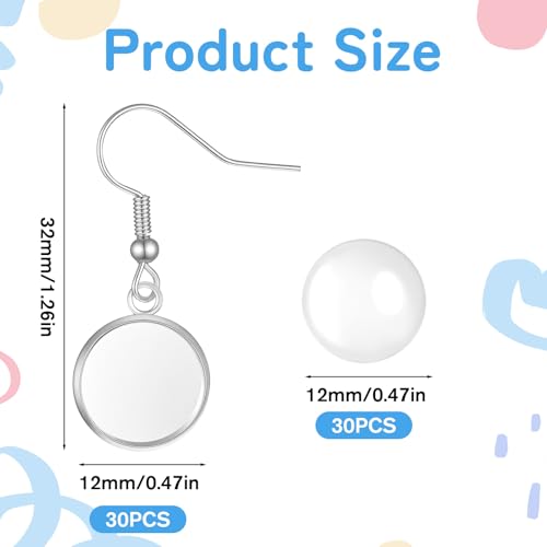 30 Pcs Cabochon Earrings Blanks Bezel Earrings Wire Hooks Blanks Silver Stainless Steel Jewelry Making Supplies Cabochon Settings Earring Making Accessories for Women DIY Earring Project