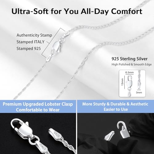 1.5mm 2mm Rope Chain 925 Sterling Silver Chain Necklace for Women, Sturdy Durable Women's Chains Necklace, 16 18 20 22 24 26 Inch - color: 1.5mm Silver, size: 18 Inches (Women's Average Length)