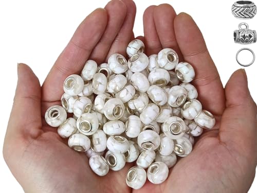 White Shell European Craft Beads for Jewelry Making Large Hole Beads for Pen 140pcs 14mm Rondelle Slide Charm Beads, Big Hole Space Resin Beads for DIY Bracelet Charms (PT400) - color: PT400 Shell White