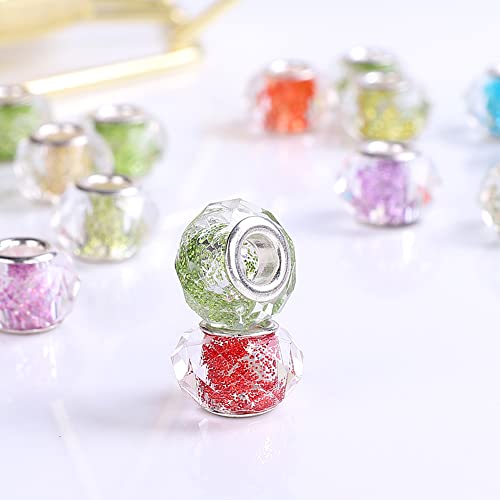 100 Pieces 14mm European Large Hole Spacer Beads Mix Color with Silver Brass Cores Assortments Charm Lampwork Beads Supplies for Necklace Bracelets Jewelry Making (Faceted Powder) - color: Faceted powder
