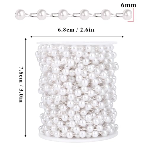 33 Feet Silver Pearl Beads Chains Roll, 6mm Faux Pearls Beaded Silver Plated Brass Cable Link Chain Spool Bulk for Jewelry Making DIY Craft - color: 6.0MM Silver Color