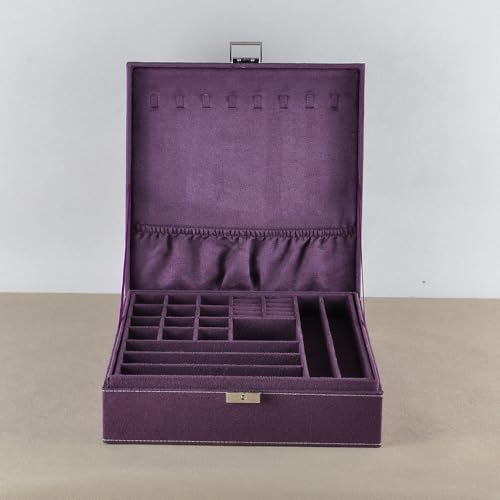 Jewelry Boxes 10 x 10 Inches 2-layer Handle Necklace Holder Organizer Jewellery Women Rings Storage Display Girls Earrings Case Lockable Jewelry Tray GY641 (Purple) - color: Purple