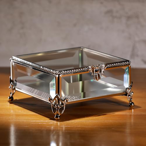 Glass Vintage Jewelry Box Keepsake storage Trinket Ring Display Box Home Decor Beveled Clear Glass Box Organizer(5.2x5.2x2.7Inches) - color: Vintage Silver