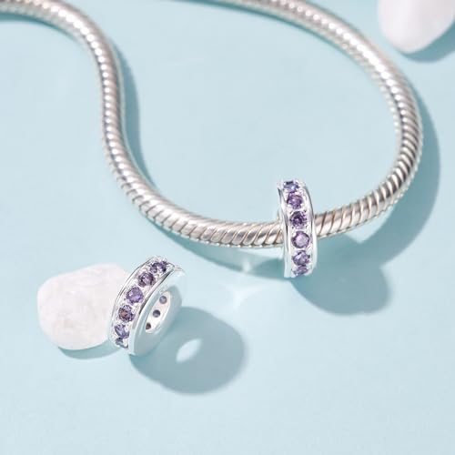 925 Sterling Silver Spacer Charm Bead with Clear CZ for Pandora Charms Bracelets - color: 2PCS Purple
