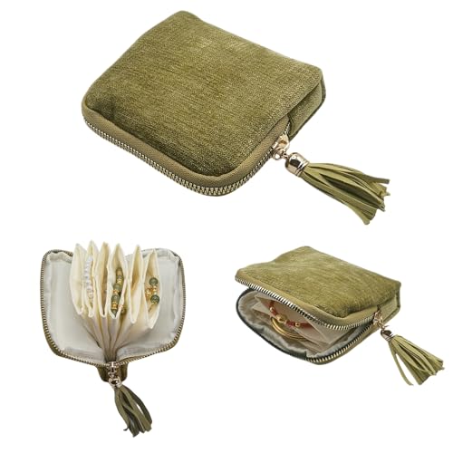Small Travel Jewelry Case - Jewelry Travel Organizer Bag with Tassel Zipper for Bracelets, Necklaces, Bangles, Jewelry Organizer Storage Bag Gift for Women Girls - LJB001-Olive Green - color: Olive Green