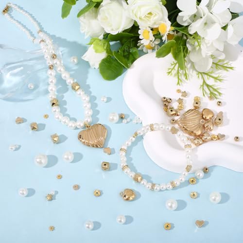 1 Box 1306PCS Imitation Pearl Beads Kit with Round CCB Plastic Heart Star Flower Brass Rhinstone Pendants Loose Spacer Bead Set for Jewelry Making Necklaces Adult DIY Crafts Supplies - color: Gold