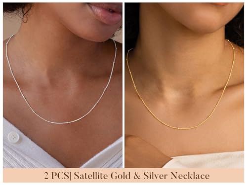 IEFWELL 14K-Real-Gold-Plated S925 Sterling Silver Chain Necklace for Women, 1.2/0.8mm Satellite Bead Cable Box Chains Set Hypoallergenic Sturdy Women's Chain Necklace, 16/18/20/22 Inch Jewelry Gifts - color: Satellite Chain, size: 20 Inch