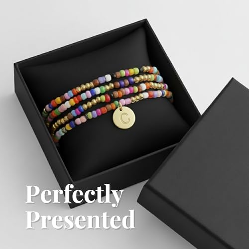 Set of 4 Colorful Bead Initial Bracelets, Personalized Stackable Jewelry, Adjustable Stretchy Charm Bracelets for Women, Beaded Bracelet Set, Trendy Custom Jewelry Gift - style: Colorful Bead - C
