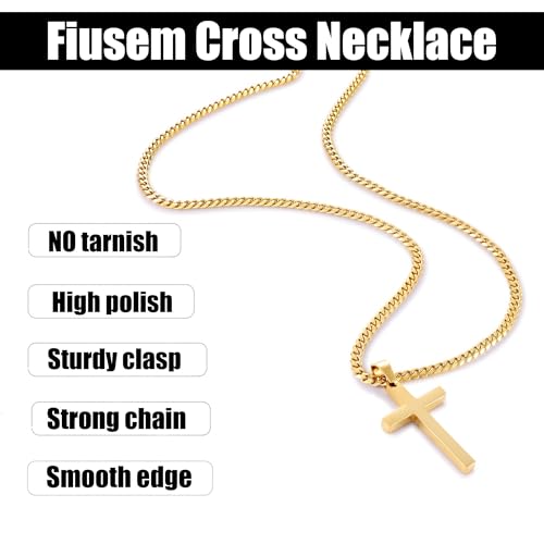 Fiusem Easter Basket Stuffers Cross Necklace for Men and Women, 14K Gold Plated Mens Cross Necklaces with 3.5mm Cuban Chain, Stainless Steel Pendant Chain 16-24 Inches - size: 24 Inches, style: Small gold cross:1.2"*0.75"