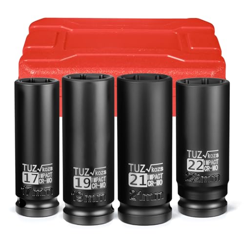 4 Pieces 1/2 inch Drive Deep Impact Socket Set,Metric,17mm 19mm 21mm 22mm,Cr-Mo,6-Point,Spindle Axle Nut Impact Socket - size: 1/2" Deep 4pc
