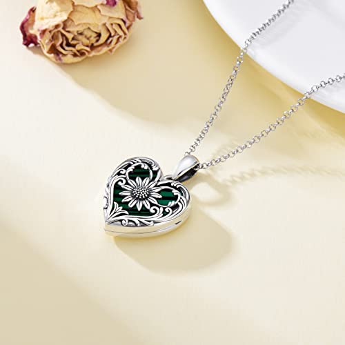 SOULMEET Personalized Silver Locket Necklace That Holds Pictures Photo Keep Someone Near to You, Memorial Custom Lockets Necklaces Letters Engraving for His Her - color: N3-Malachite sunflower-Black, style: Locket+Custom Photo+Engraved
