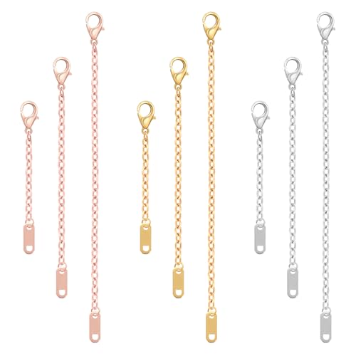 Mabor 9Pcs Necklace Extender, Jewelry Extenders for Necklaces, Rose Gold Stainless Steel Jewelry Chain Extenders for Necklace Bracelet Anklet (Gold, Silver, Rose Gold, 5.9inch/3.9inch/2inch)