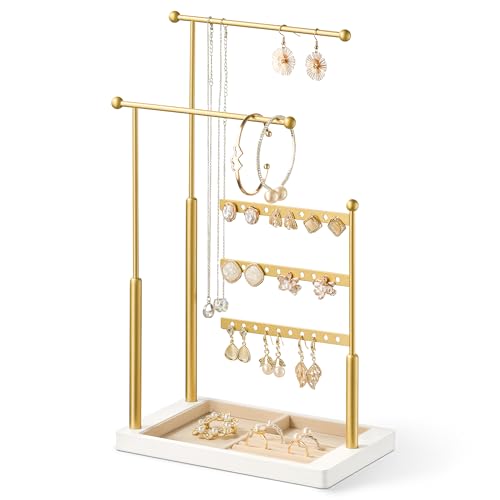 pickpiff Jewelry Organizer Holder Stand: 3 Tier Jewelry Storage Display for Necklace, Bracelet, Earring, Ring, White & Gold - color: gold & white