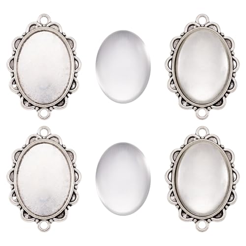 FASHEWELRY 5 Sets Alloy Oval Flower Edge Bezel Pendant Trays with Clear Dome Glass Cabochon Blank Base Connector for DIY Jewelry Making - color: 25x18mm-5 Sets