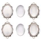 FASHEWELRY 5 Sets Alloy Oval Flower Edge Bezel Pendant Trays with Clear Dome Glass Cabochon Blank Base Connector for DIY Jewelry Making - color: 25x18mm-5 Sets