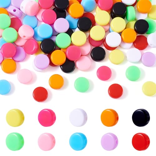 KISSITTY 100Pcs Colorful Acrylic Bead 10 Colors Flat Round Shape Craft Beads Disc Coin Pony Loose Spacer Beads for Jewelry Making DIY Craft Bracelet Necklace Earrings Accessories 10x5mm