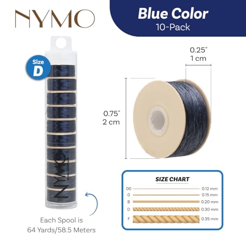 The Beadsmith Nymo Thread – 10-Pack Blue Color – Size D, .30mm Diameter, 64 Yard/58.5 Meter Spool – Made of Nylon – Bead Embroidery & Weaving, Off Loom & Loom Work and DIY Craft Projects - size: Size D, 64 Yards, style: Blue