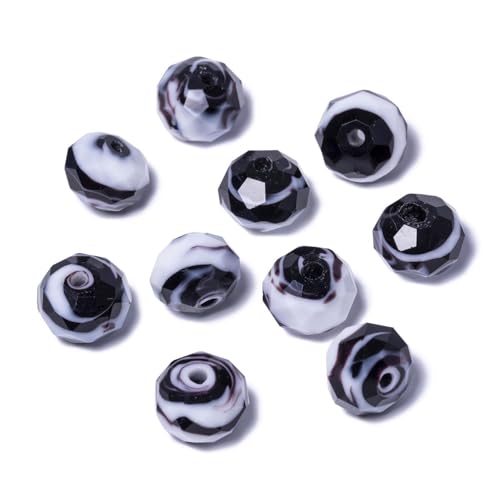 7.5×10mm 50pcs Black White Faceted Lampwork Glass Beads for Jewelry Making, Flat Round Handmade Murano Beads for Bracelets, Crafts, Friendship Bracelet Kit, Rosary Making - color: Black White