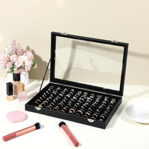 2 Pcs 100 Slots Ring Organizer Box with Transparent Glass Lid, Velvet Jewelry Display Case for Rings, Necklaces, Earrings Storage, Black