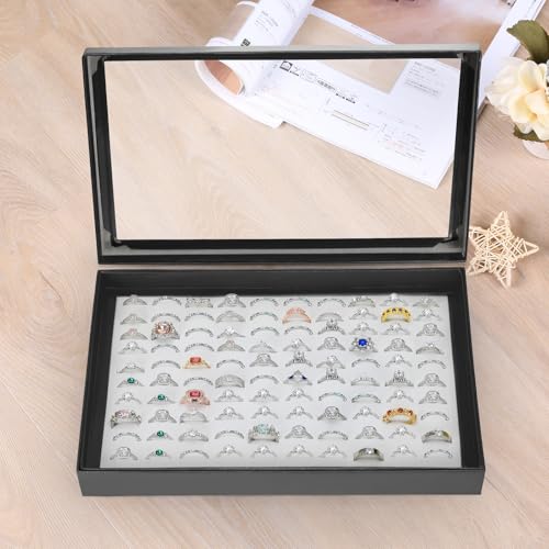 KUKUVR 100 Slots Ring Earring Holder Display Case, Velvet Jewelry Ring Earring Storage Organizer Box Tray with Clear Lid for Women And Selling Show (Black+White) - color: Black+White