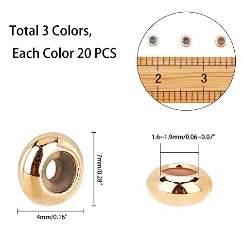 PH PandaHall 60pcs Brass Silicone Slider Beads, 3 Color 7mm Stopper Beads Slider Clasps for DIY European Bracelets Necklaces Jewelry Making