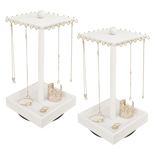 Ikee Design 2 Pcs Set Wooden Rotating Jewelry Display Stand Tower for Shows,Jewelry Organizer for Necklace and Bracelet, Rotating Necklace and Bracelet Holder Organizer,White Color - color: 8) Wash White, 2 Pieces