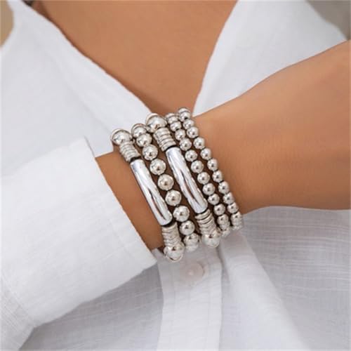 5Pcs Gold Bead Bracelets Set for Women,14K Gold Plated Stackable Bead Ball Bracelets Set,Adjustable Chunky Bangles Bracelets,Boho Stretch Bead Ball Bracelet for Women - color: 5Silver