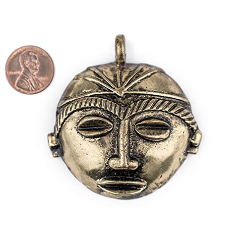 TheBeadChest Round African Brass Mask Pendant (58x62mm): Genuine West African Mask Design for DIY Jewelry & Necklaces - color: Brass, size: Medium (58x62mm)