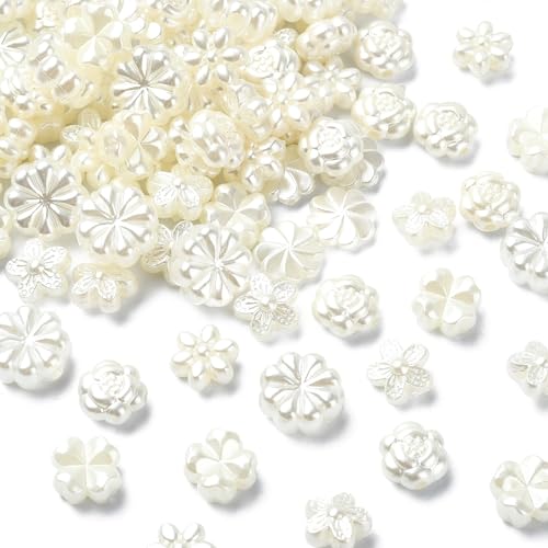 LiQunSweet 200 Pcs 6 Styles ABS Plastic Imitation Pearl Flower Beads White Spring Floral Clover Beads for DIY Jewelry Bracelet Crafts Bag Decorations - color: Imitation Pearl Flower Beads_200 Pcs