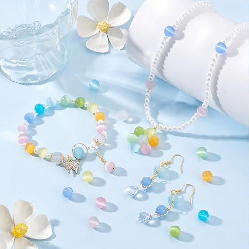 100pcs Champagne Cat Eye Beads 8mm Round Semi Precious Stone Hole Size 1mm DIY Charm Spacer Beading Smooth Gemstone Loose Beads for Jewelry Making Bracelets Necklaces Earrings Crafting - color: Champagne
