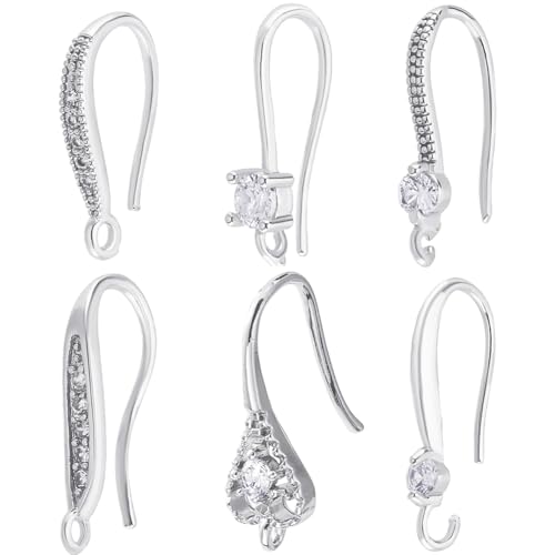 Beebeecraft 1 Box 24Pcs 6 Styles Cubic Zirconia Earring Hooks Sterling Silver Plated Brass French Ear Hooks with Loop for Jewelry Making DIY Earring Crafts - color: 6 Style Earring Hooks Silver
