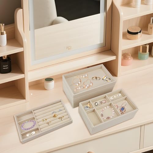 8 Pack Jewelry Organizer for Drawer, Necklace Velvet Storage Display Tray, Stackable Insert Divided Holder for Bracelet Rings Earring Brooch Watch, Beige 4 Styles - style: Modern