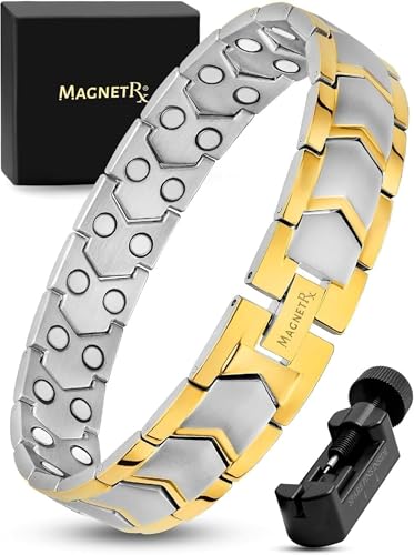 MagnetRX® Ultra Strength Magnetic Bracelet – Effective Stainless Steel Metal Bracelets for Men – Adjustable Length with Sizing Tool for Perfect Fit (Silver & Gold) - color: Gold & Silver Arrow Style (2X Strength)