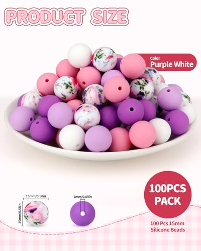 100 Pcs 15mm Silicone Beads for Keychain Making, Purple White Silicone Beads Bulk Round for Bracelets Pens Crafts Jewelry Making (Purple White) - color: Purple White