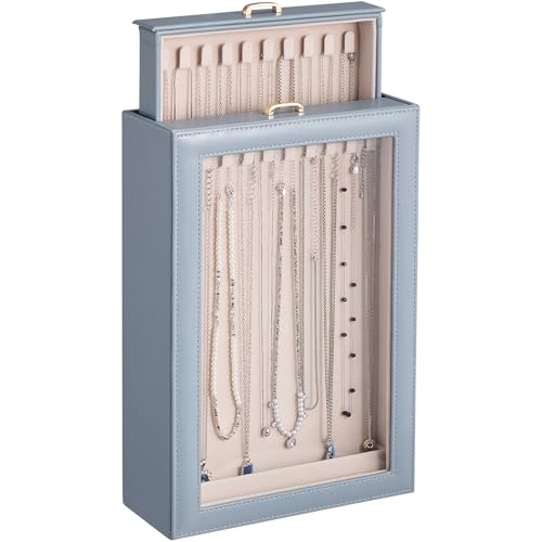 Lolalet Necklace Organizer Box, Jewelry Storage Box with Clear Window for Necklaces Bracelets, Tangle-Free Necklace Display Case for Women Girls, Mothers Day Gift - color: Dusty Blue, size: 2 Layers, 20 Hooks