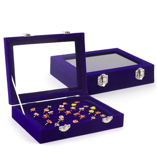 Coobbar 7-Row Royal Blue Ring & Earring Organizer, Transparent Lid Jewelry Box, Luxury Lockable Holder, 2-Pack Jewelry Tray Display for Shows, Countertop Storage Case
