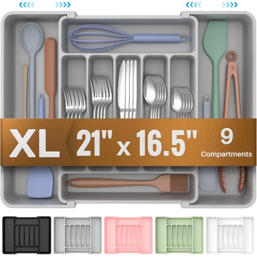 ukeetap Extra Large Expandable Silverware Organizer, BPA-Free Food-Safe Cutlery Flatware Organizer, Kitchen Utensil Drawer Organizer, Adjustable Silverware Holder for Spoons Forks Knives, Gray - color: Gray