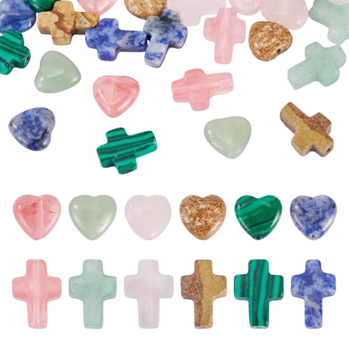 Beadthoven 24Pcs 12 Styles Heart Cross Stone Beads Colorful Natural Gemstone Crosses Crystal Bead Charm Easter Mini Small Easter Crucifix Loose Bead for Jewelry Making Crafts Bracelet Necklace Earring - color: Heart & Cross