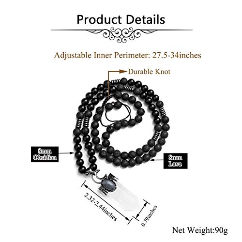 Top Plaza Natural Stone Healing Crystal Clear Quartz Hexagonal Pointed Gemstone Pendant Necklace Crescent Moon Jewelry Adjustable Lava Rock Beads Necklaces for Women Men