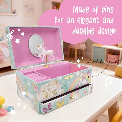 The Memory Building Co Unicorn Musical Jewelry Box Plays Classic Melody, Storage Organizer Music Box for Kids Ages 6-12, MDF Wood w/ 2 Fabric Lined Ring Bracelet Necklace Treasure Compartments - style: Unicorn