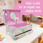 The Memory Building Co Unicorn Musical Jewelry Box Plays Classic Melody, Storage Organizer Music Box for Kids Ages 6-12, MDF Wood w/ 2 Fabric Lined Ring Bracelet Necklace Treasure Compartments - style: Unicorn